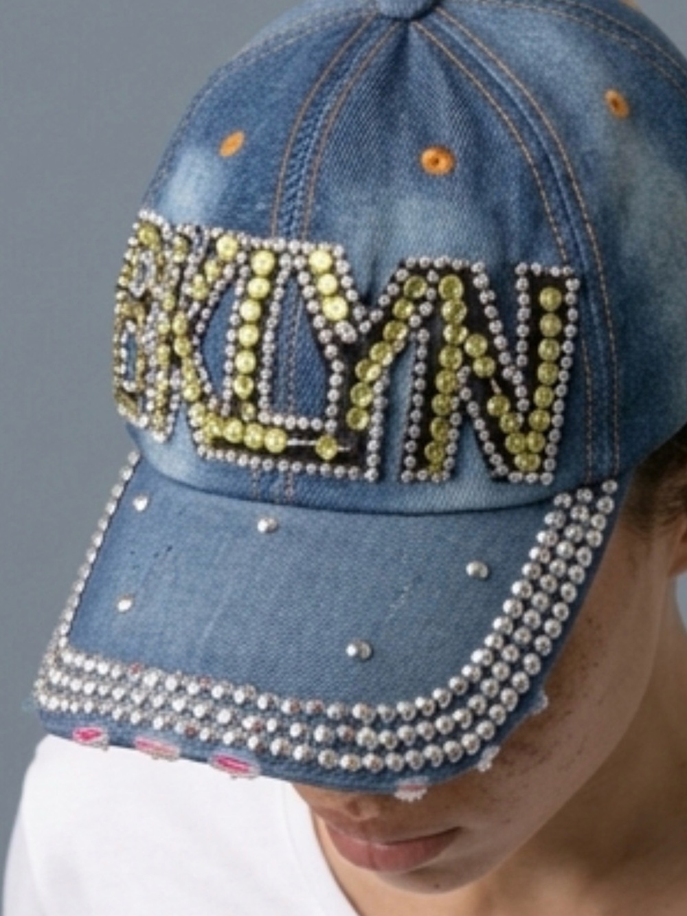 Magid Yellow and Black Denim Hat Label Detail Crystal Embellish BKLYN Brooklyn